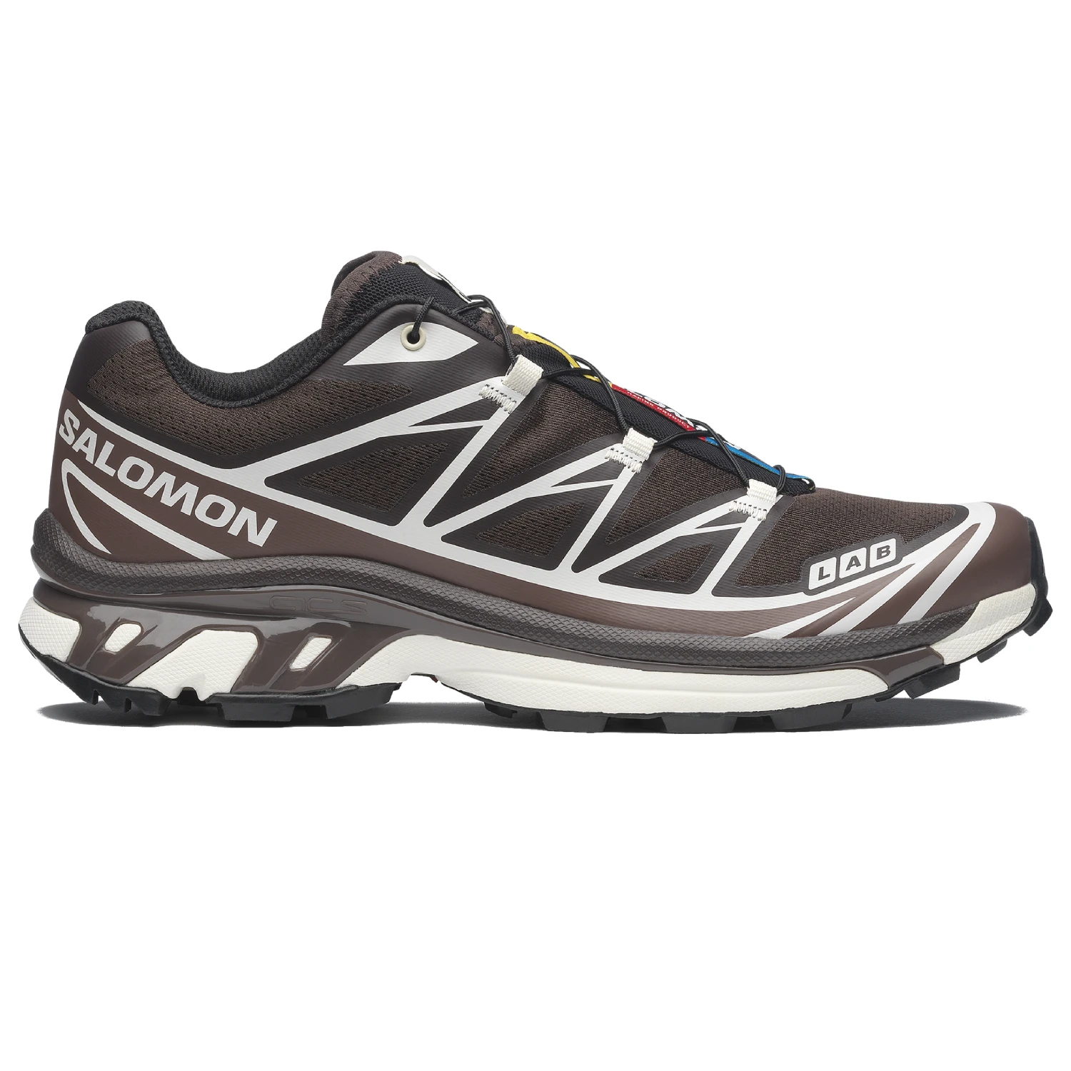 Salomon XT-6 Black Coffee/French Roast/Vanilla Ice side view in a white background