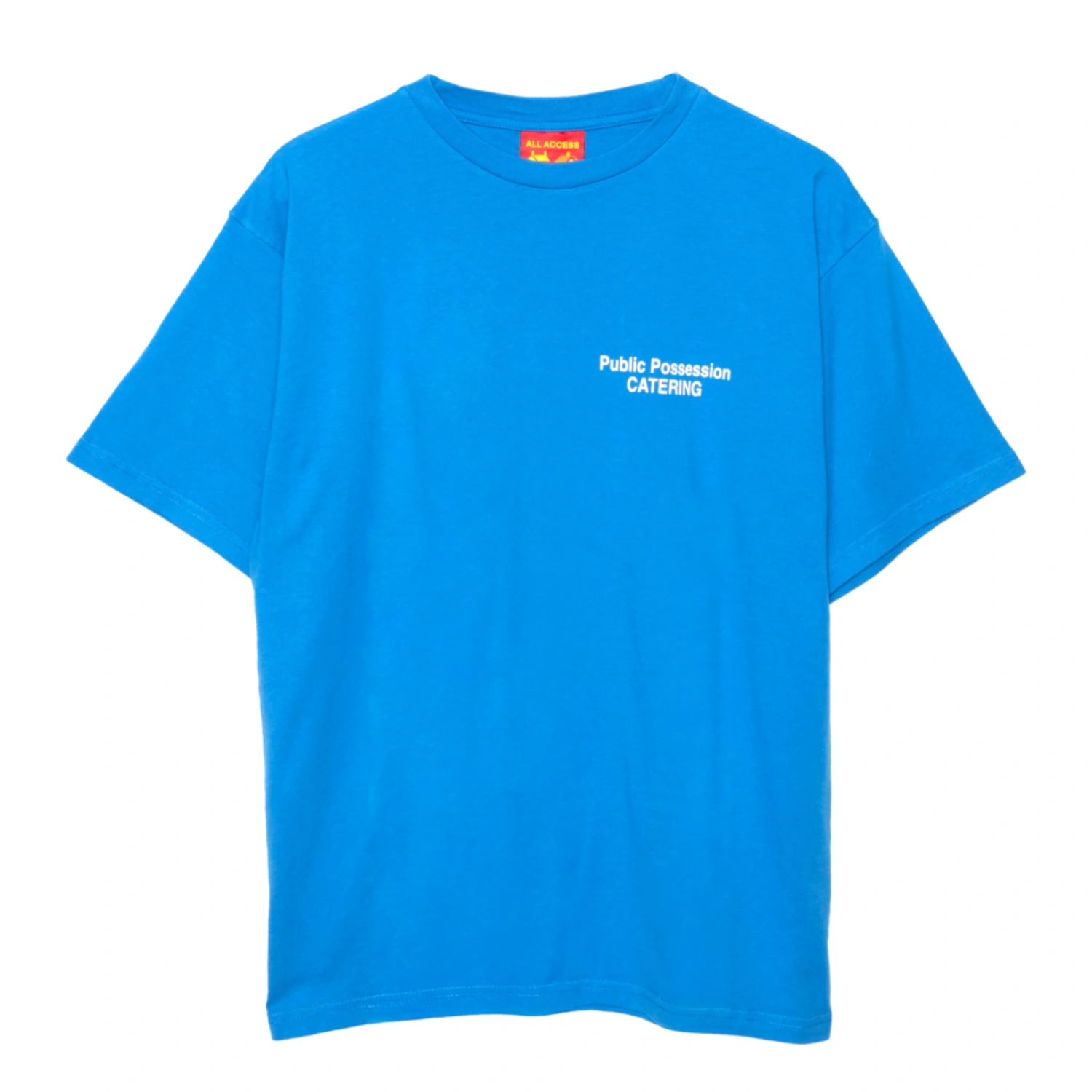 Public Possession Catering T-Shirt Blue front view in a white background