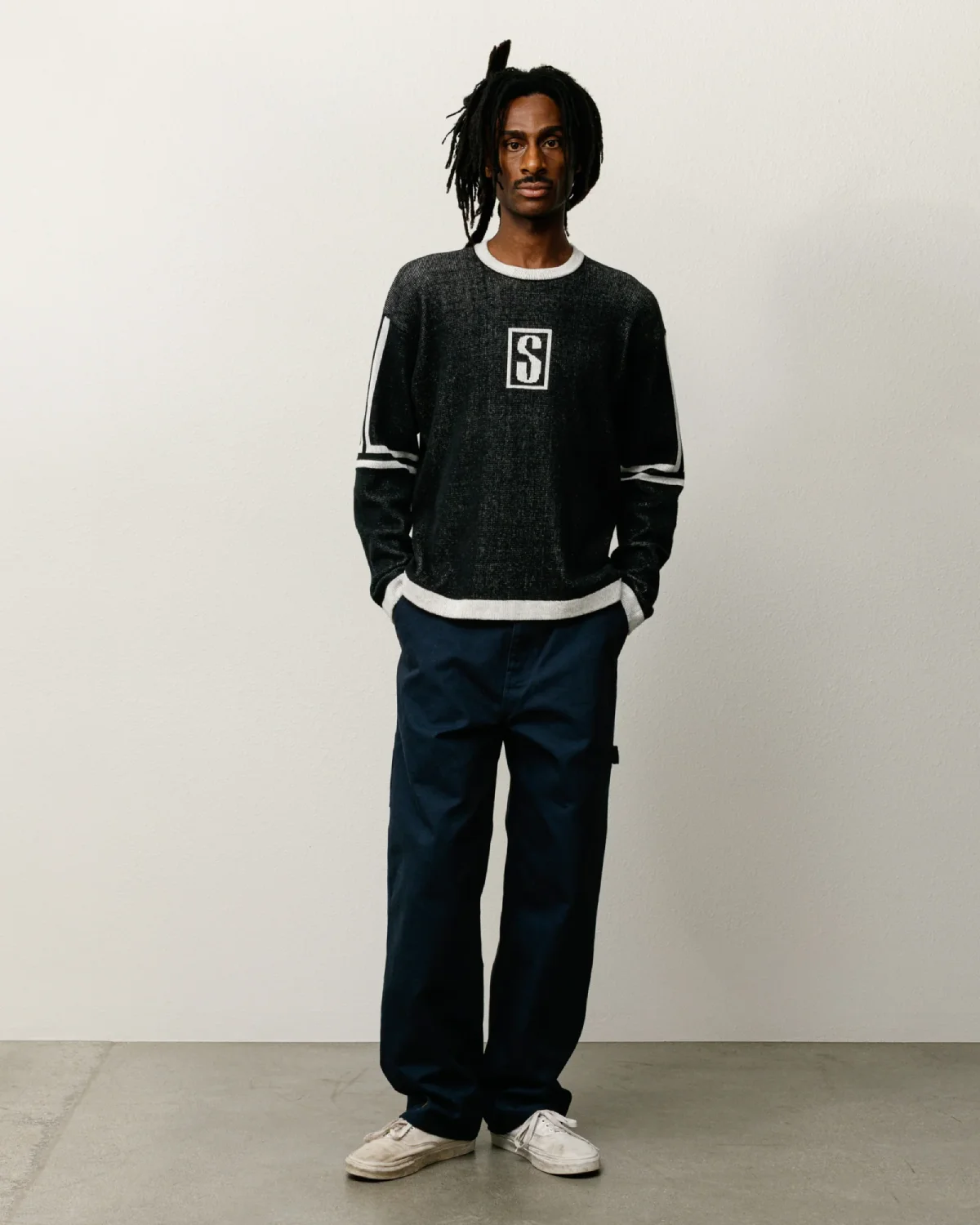 Stüssy Alpine Sweater Black front view on model