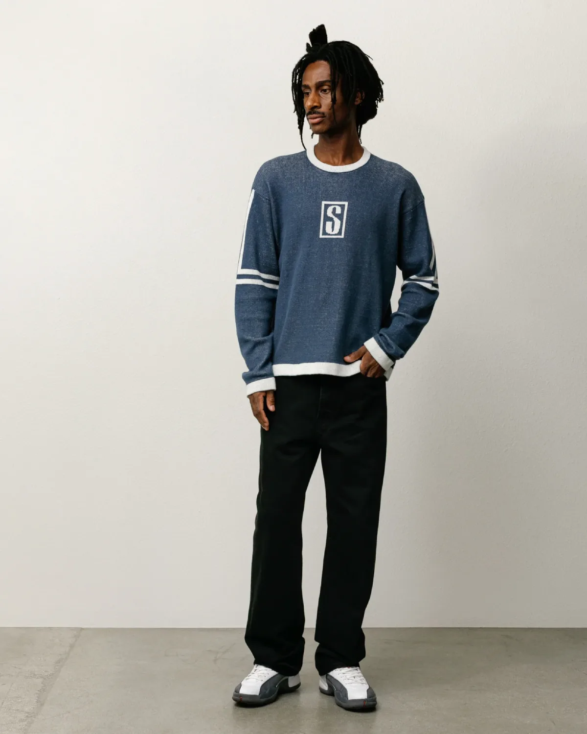 Stüssy Alpine Sweater Blue front view on model
