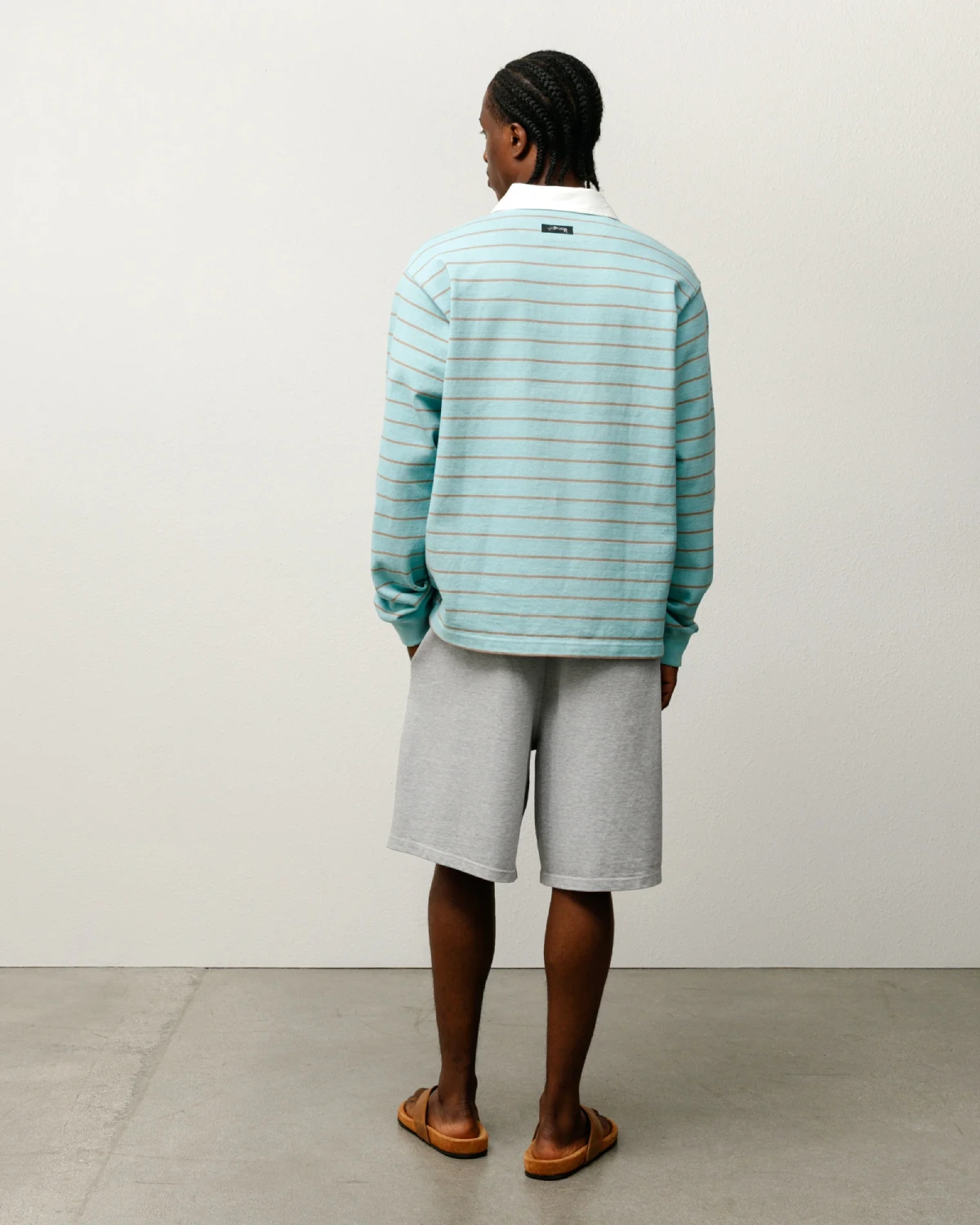 Stüssy Pin Striped Rugby Blue back view on model