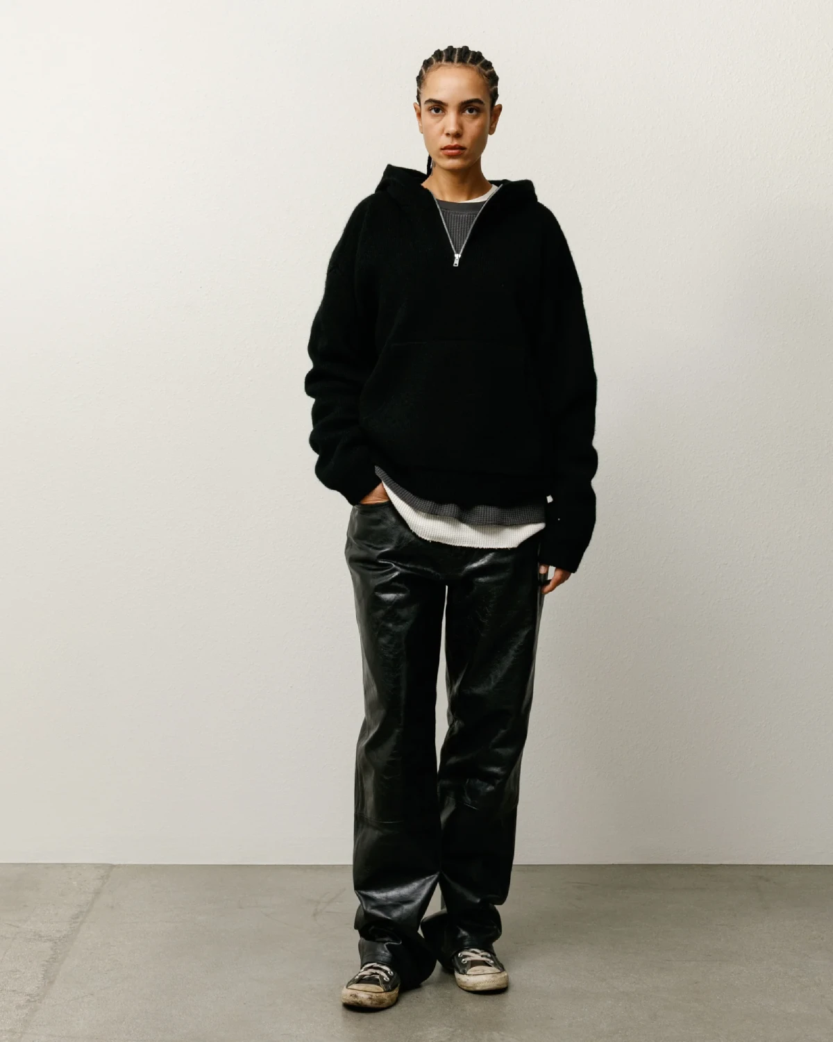 Stüssy Quarter Zip Sweater Hood Black front view on model