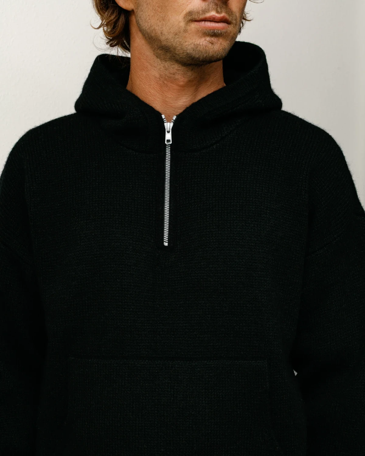 Stüssy Quarter Zip Sweater Hood Black front view detail on model
