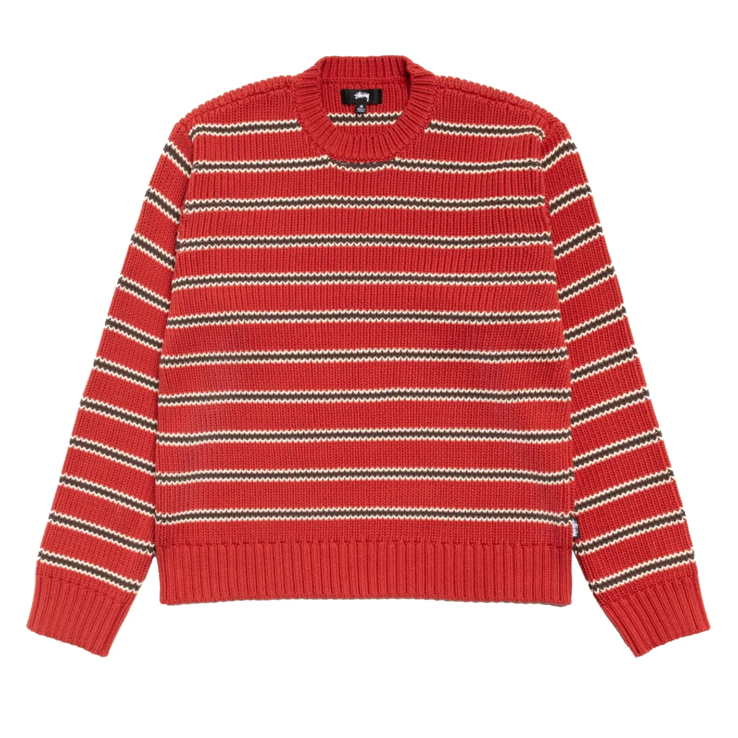 Stüssy Stripe Knit Crew Brick front view in a white background