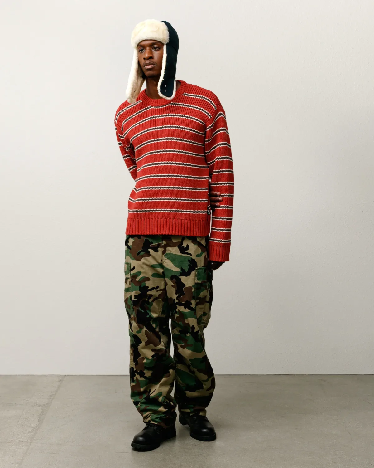 Stüssy Stripe Knit Crew Brick front view on model