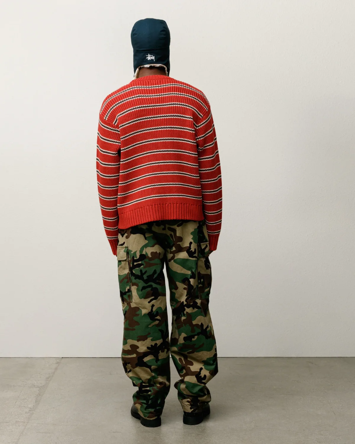 Stüssy Stripe Knit Crew Brick back view on model