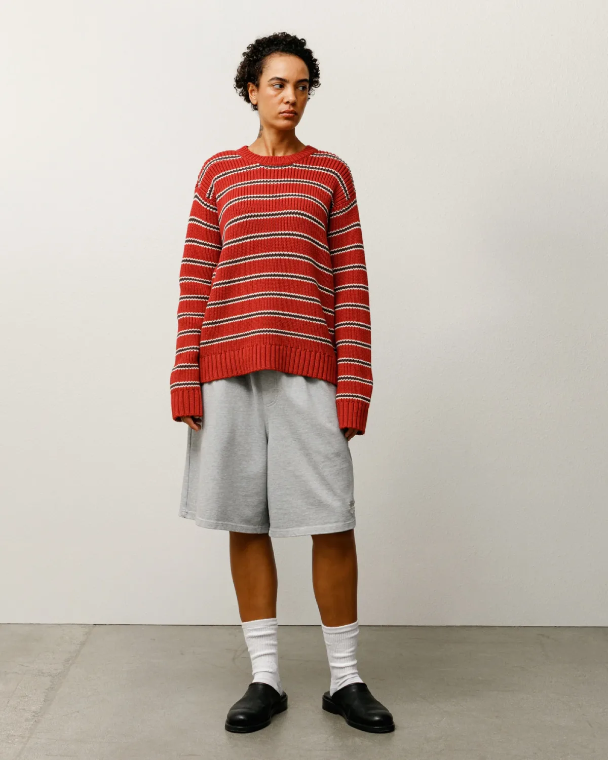 Stüssy Stripe Knit Crew Brick front view on model