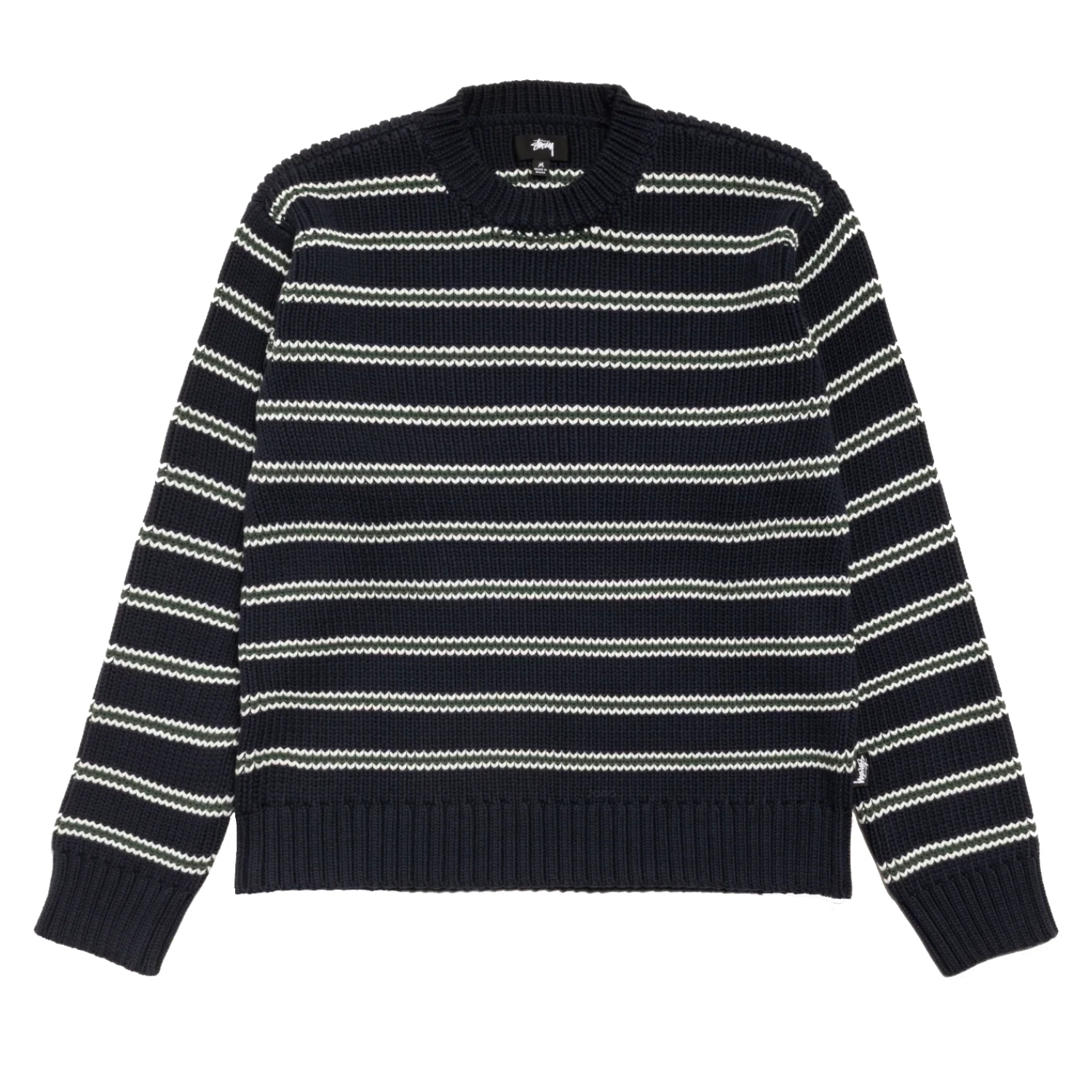 Stüssy Stripe Knit Crew Ocean front view in a white background