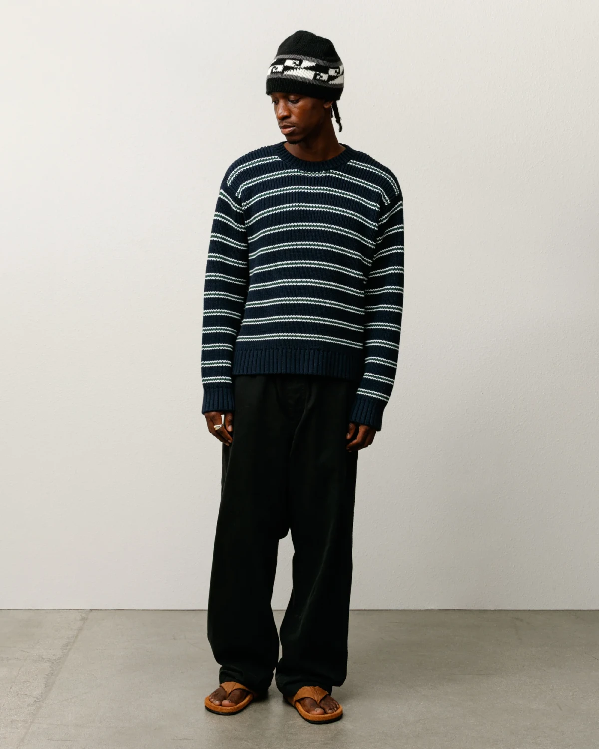 Stüssy Stripe Knit Crew Ocean front view on model