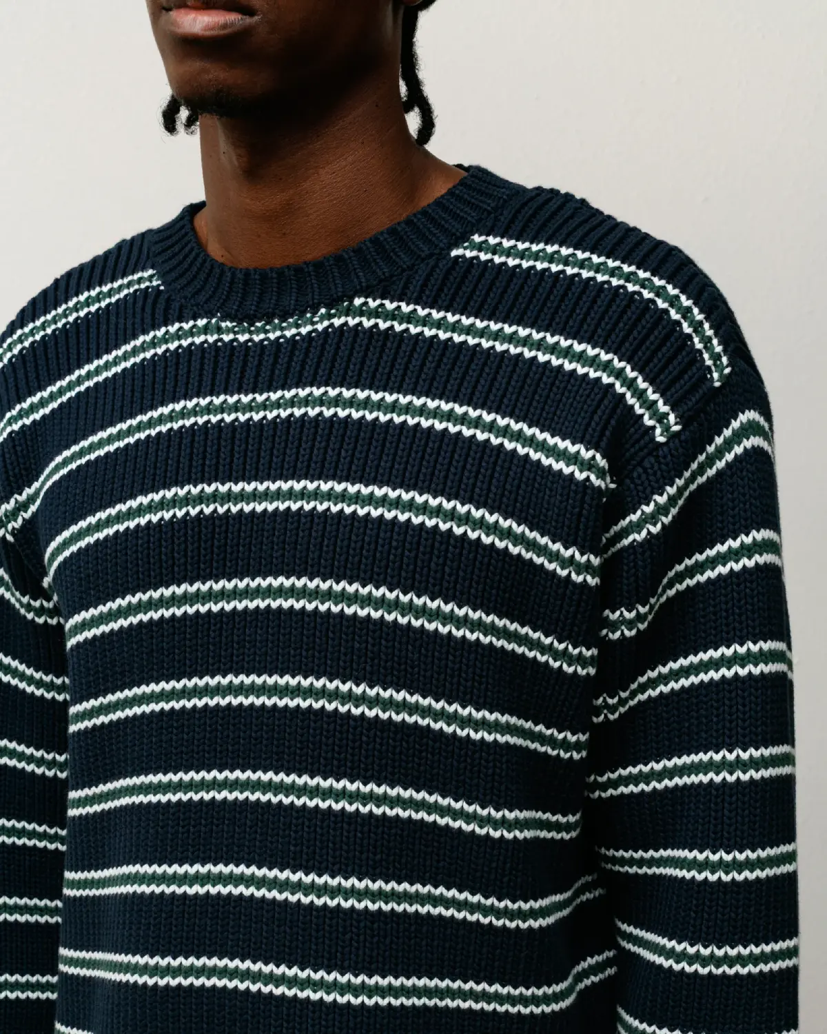 Stüssy Stripe Knit Crew Ocean front view on model