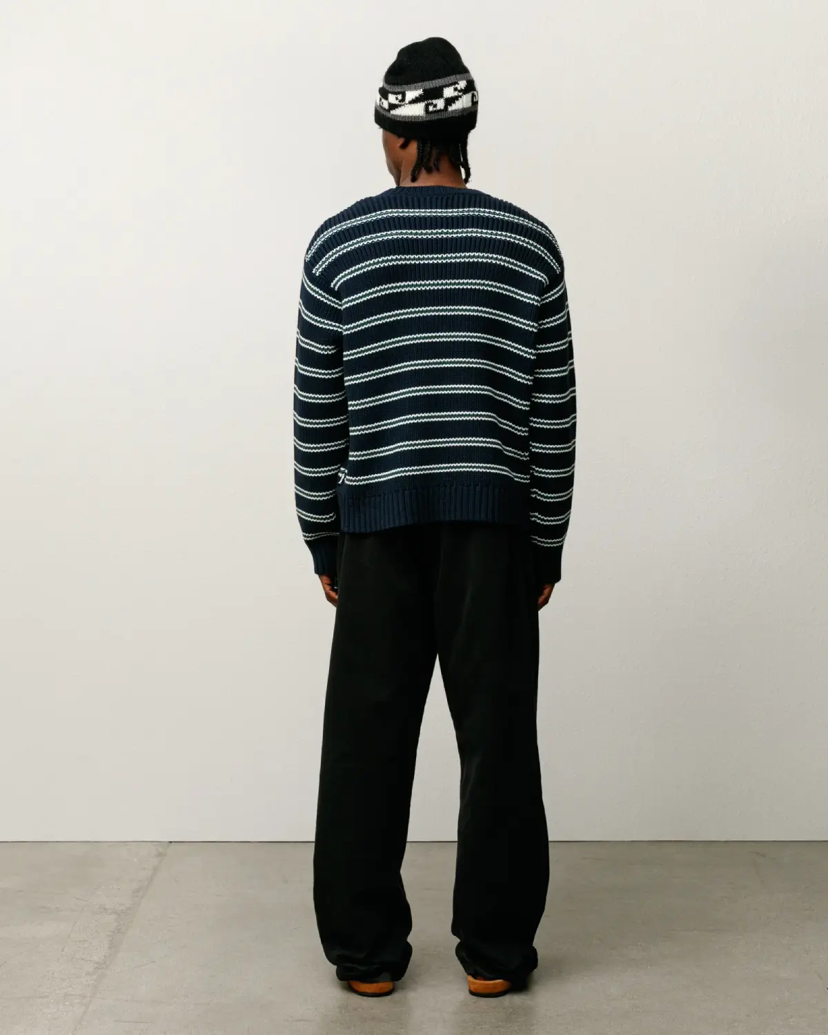 Stüssy Stripe Knit Crew Ocean back view on model
