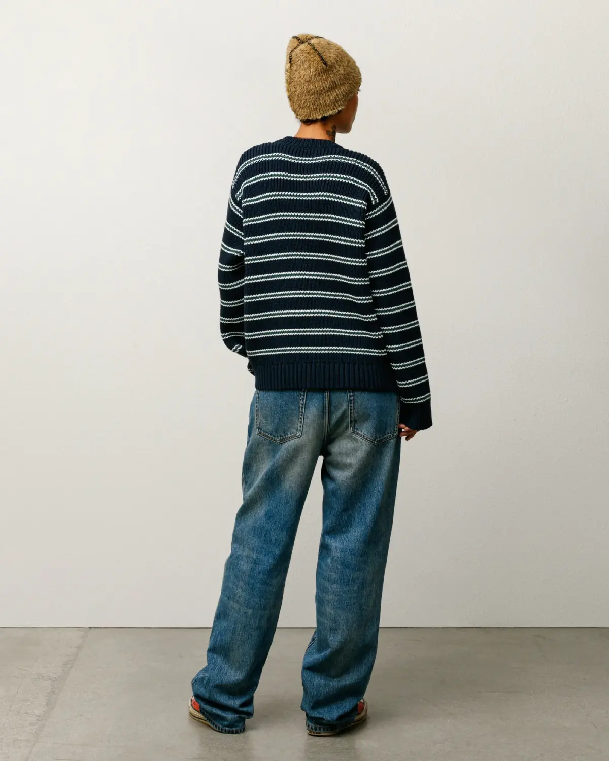 Stüssy Stripe Knit Crew Ocean back view on model