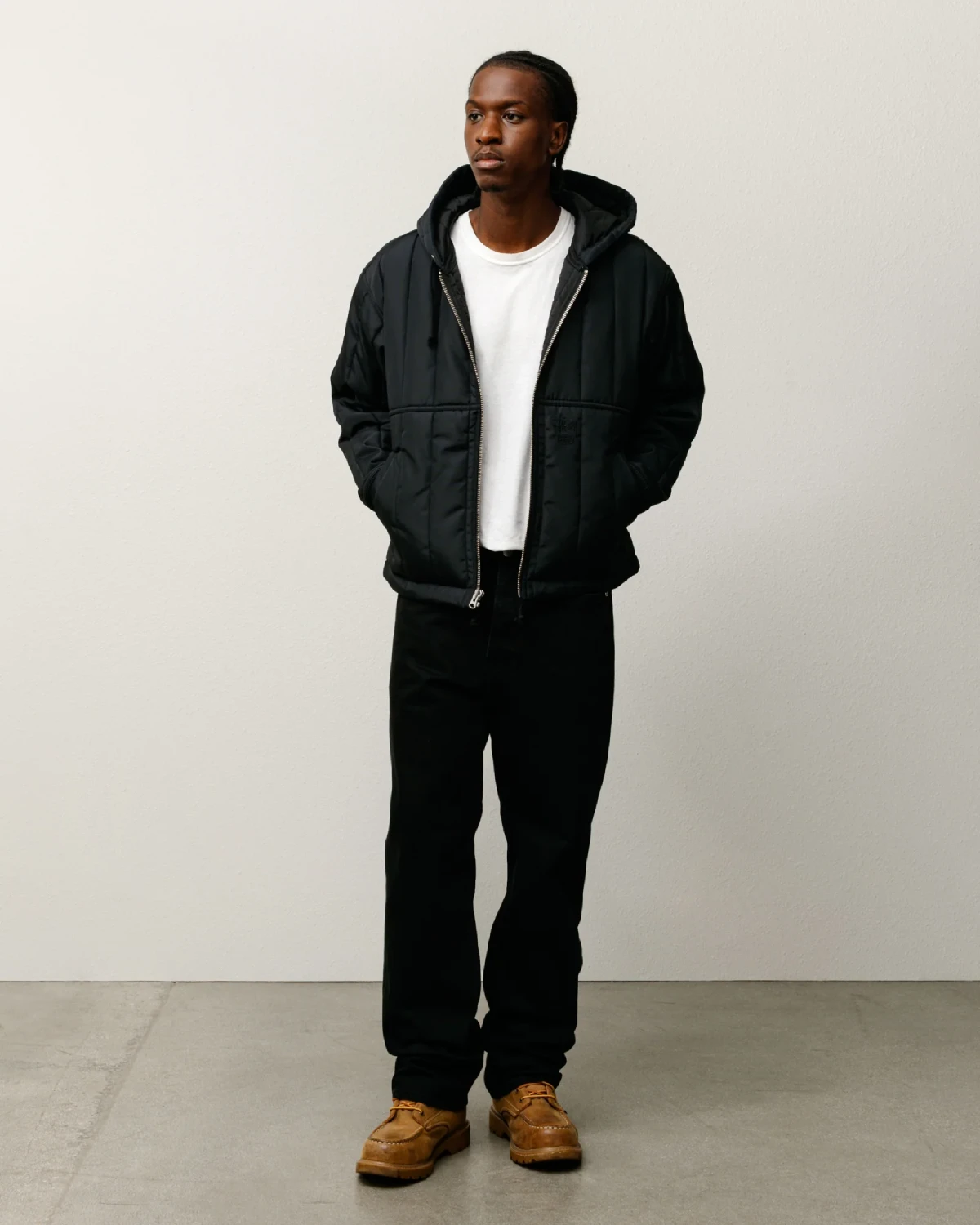 Stüssy Work Jacket Quilted Nylon Black front view on model