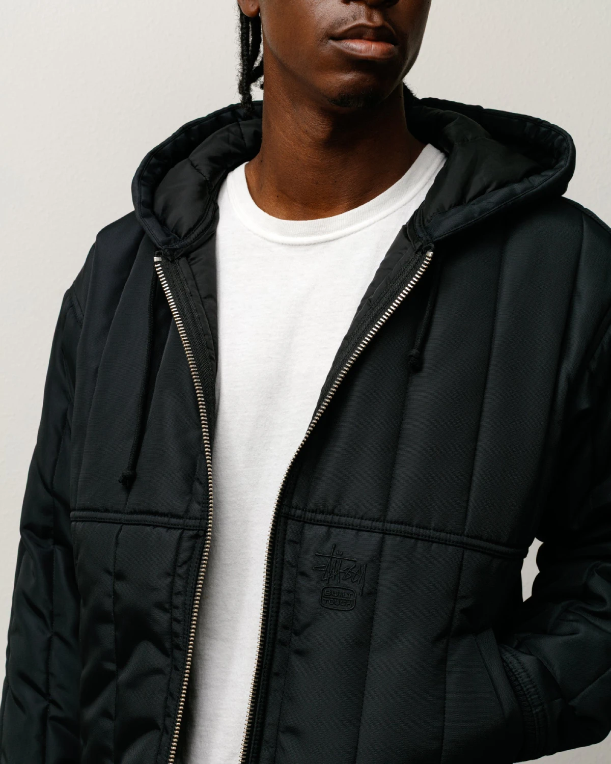 Stüssy Work Jacket Quilted Nylon Black front view detail on model