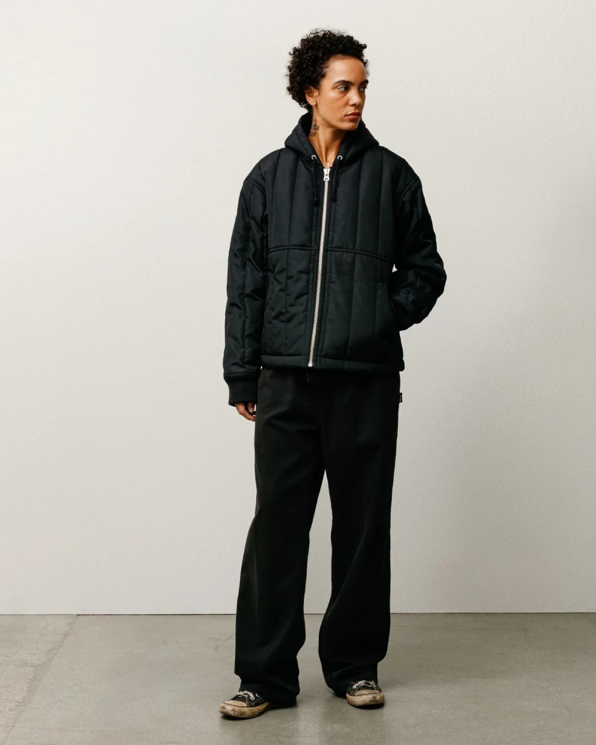Stüssy Work Jacket Quilted Nylon Black front view on model