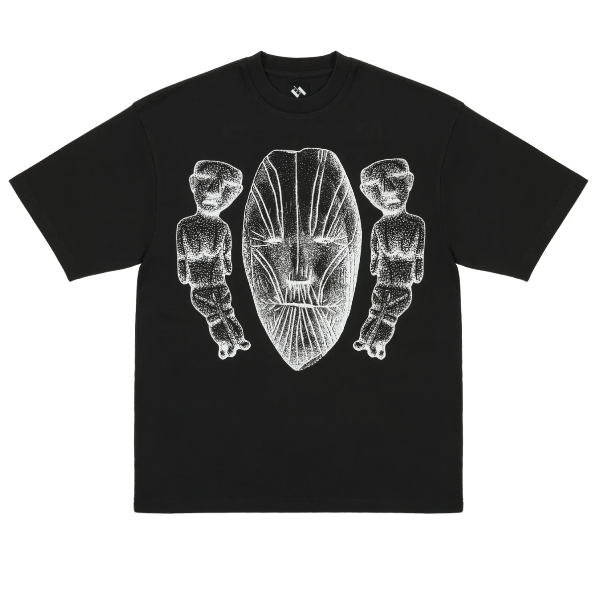 The Trilogy Tapes Face Figures Hands T-Shirt Black front view in a white background
