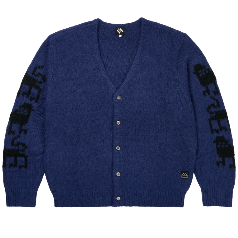 The Trilogy Tapes Lions Cardigan Dream Blue front view in a white background