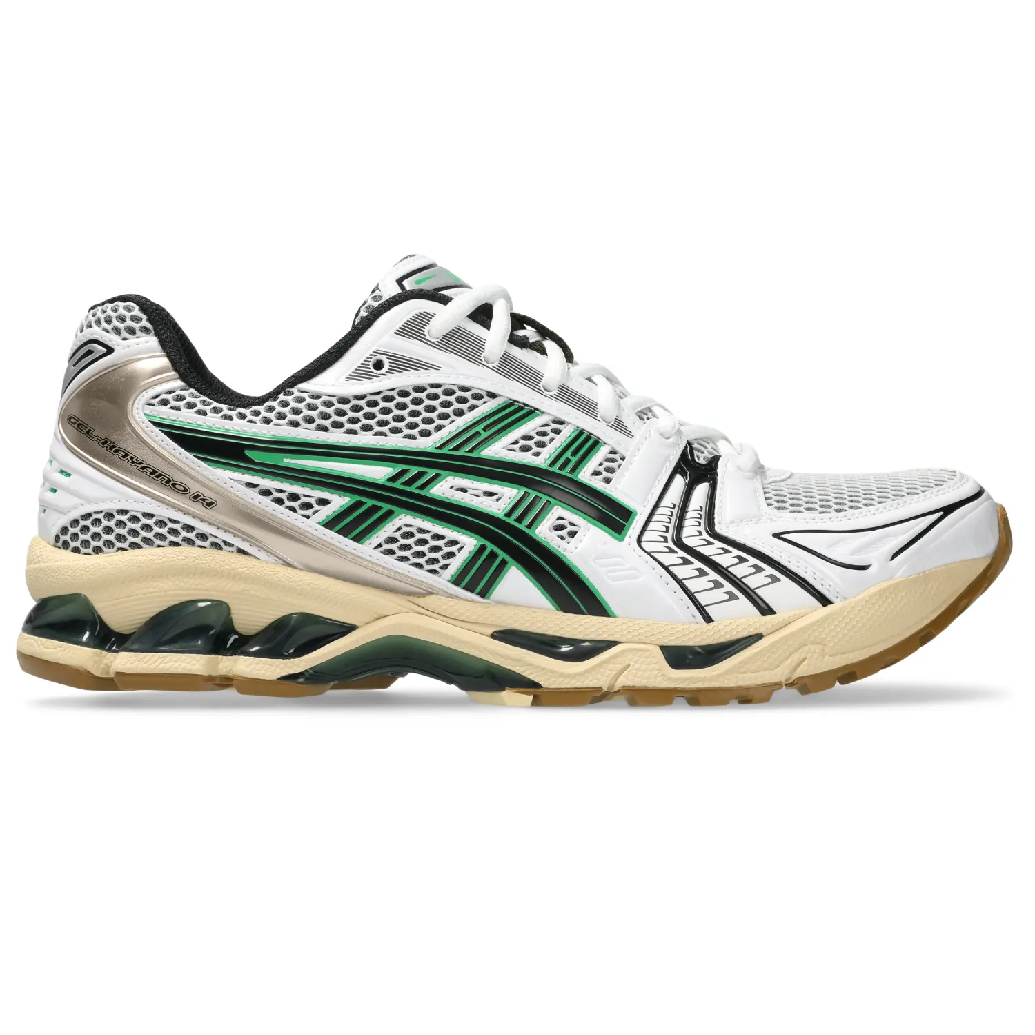 Asics Gel-Kayano 14 White/Hinoki Beige side view in a white background