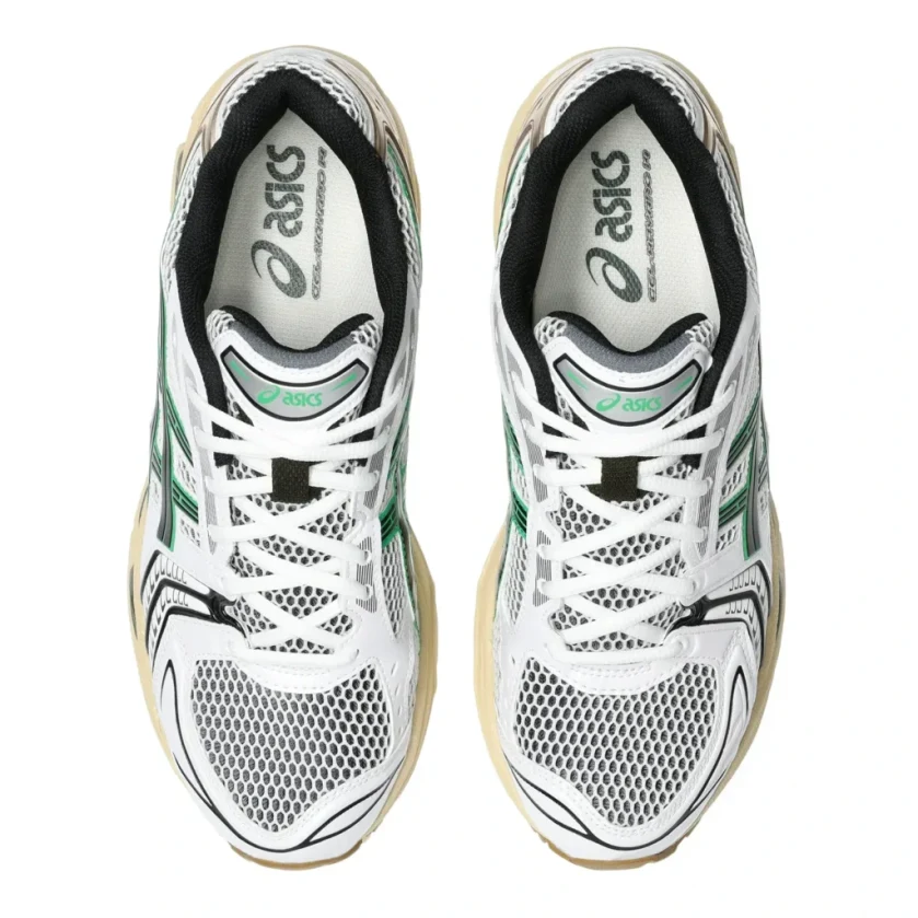 Asics Gel-Kayano 14 White/Hinoki Beige top view in a white background