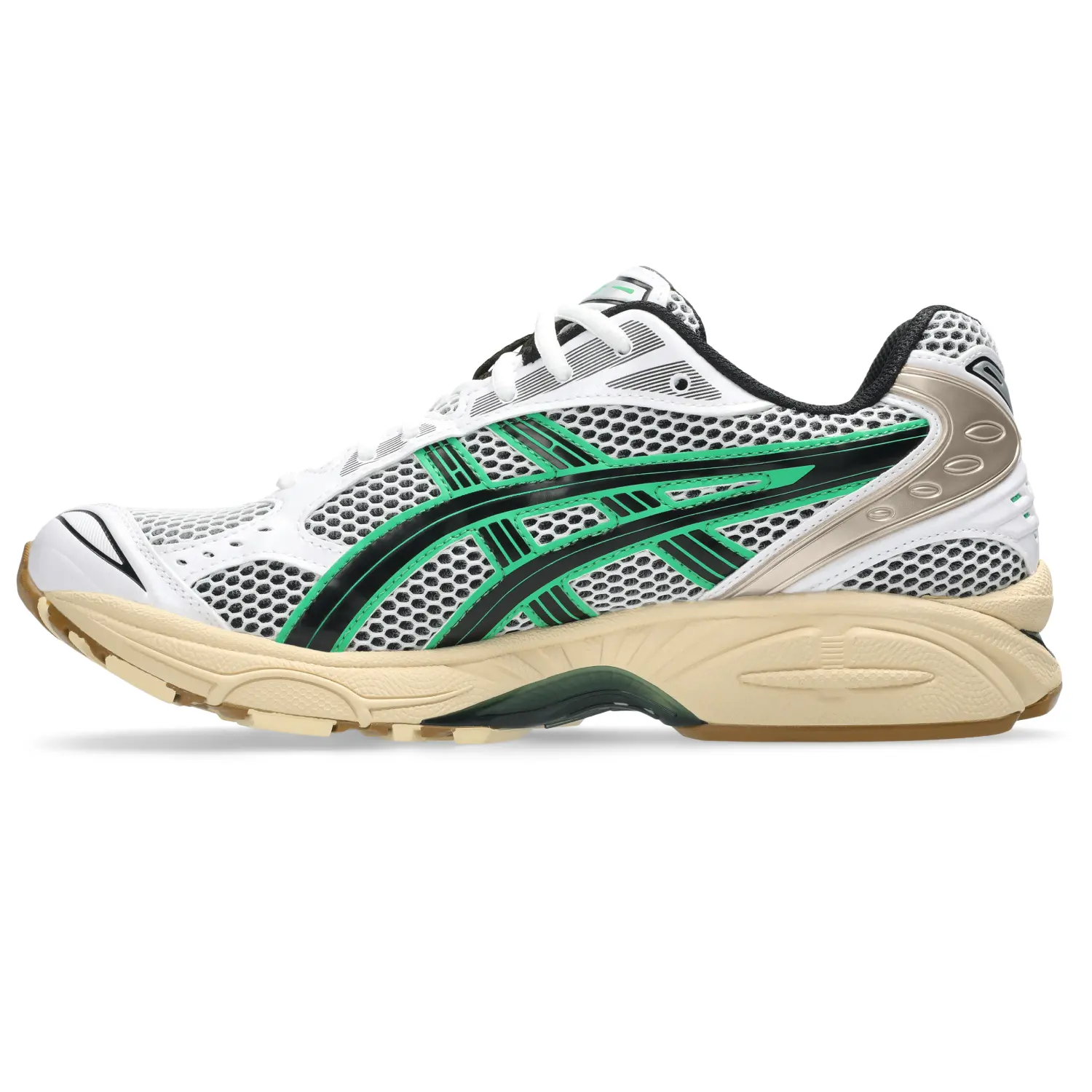 Asics Gel-Kayano 14 White/Hinoki Beige side view in a white background