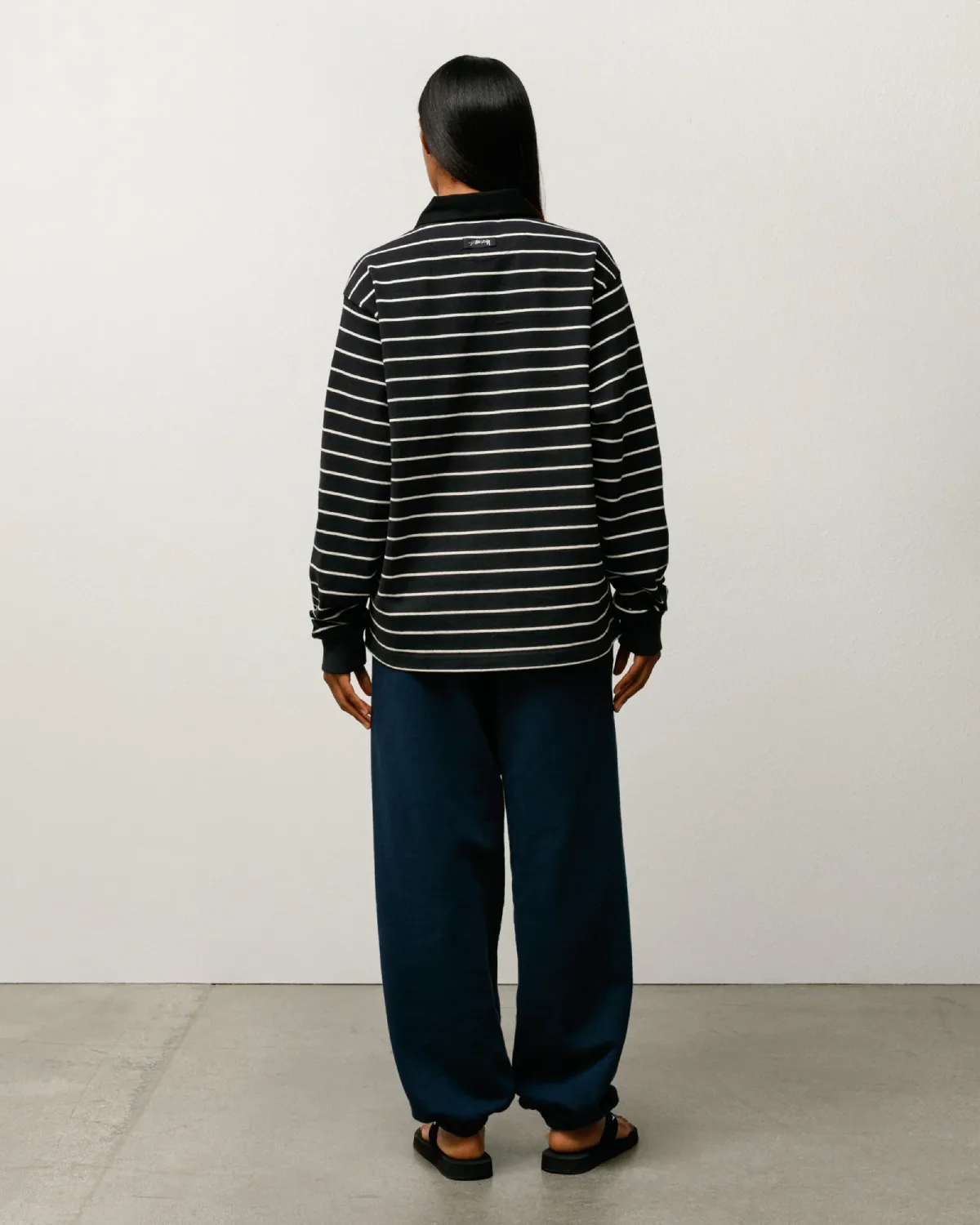 Stüssy Pin Striped Rugby Black back view on model