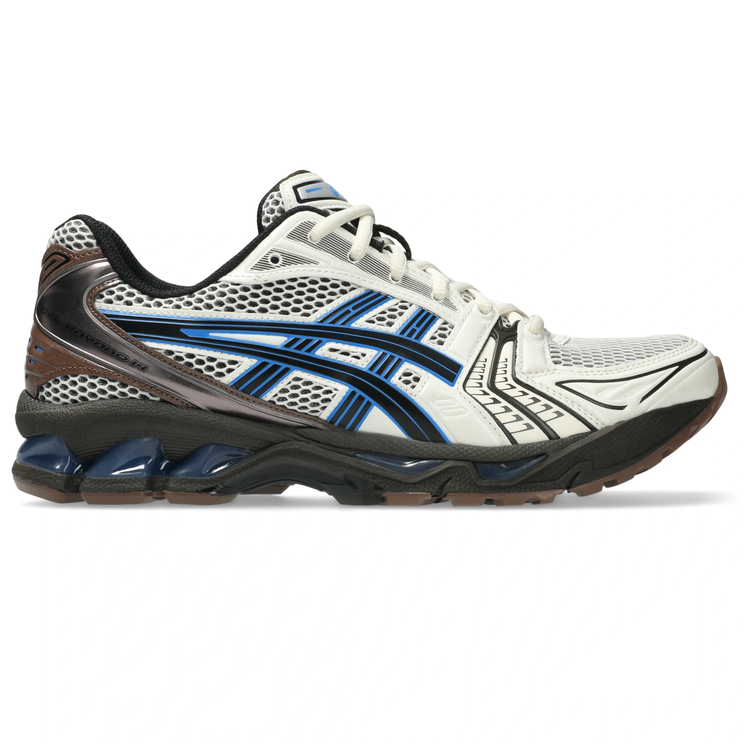 Asics Gel-Kayano 14 Cream/Blue Coast side view in a white background