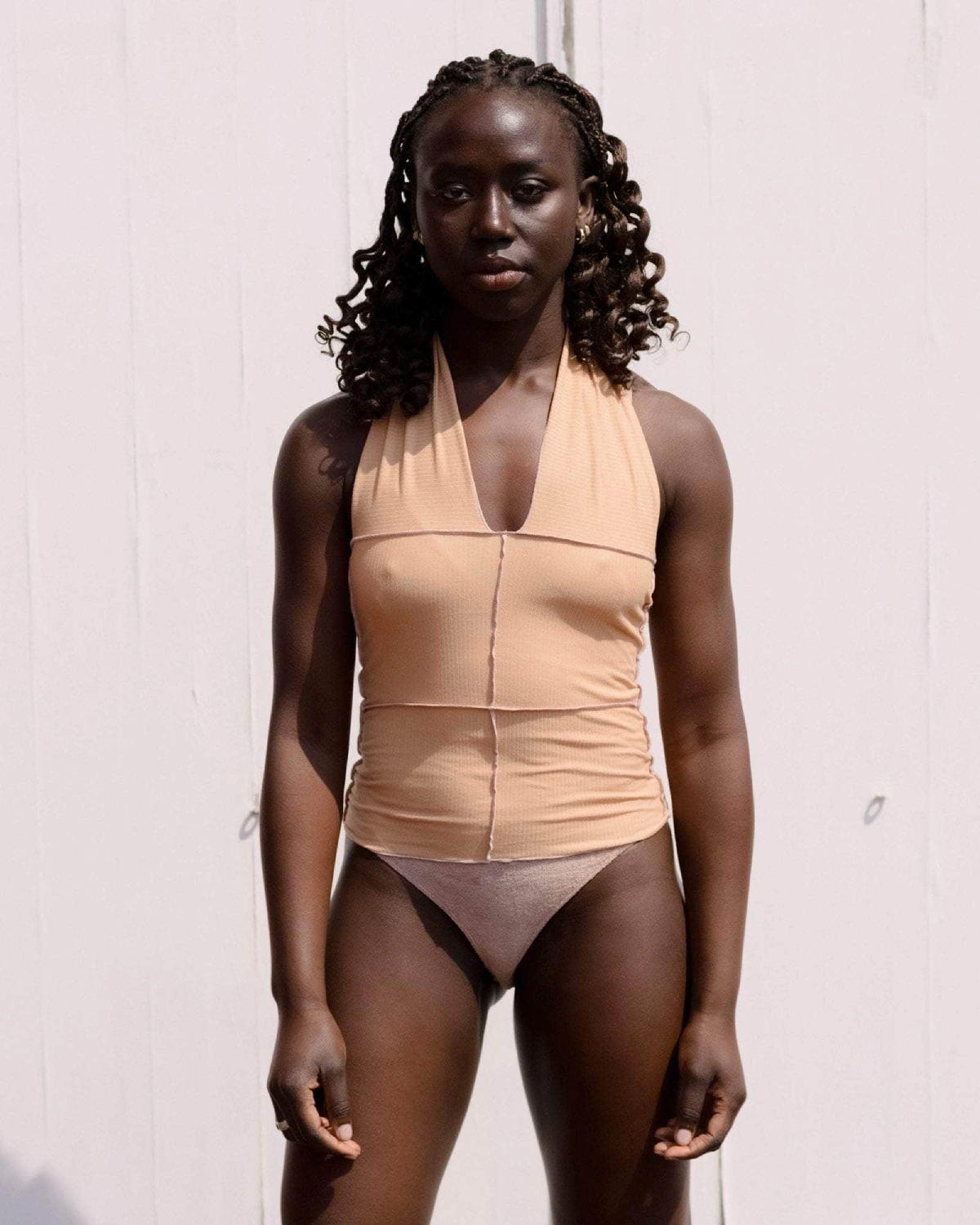 Baserange Cinder Halter Top Aural Purple front view on model