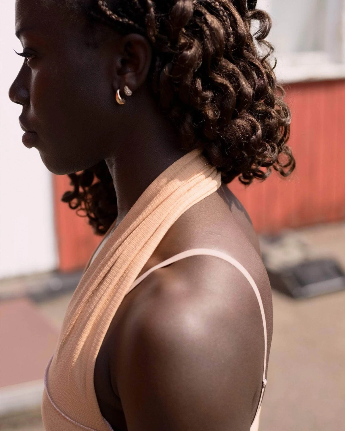 Baserange Cinder Halter Top Aural Purple side view on model