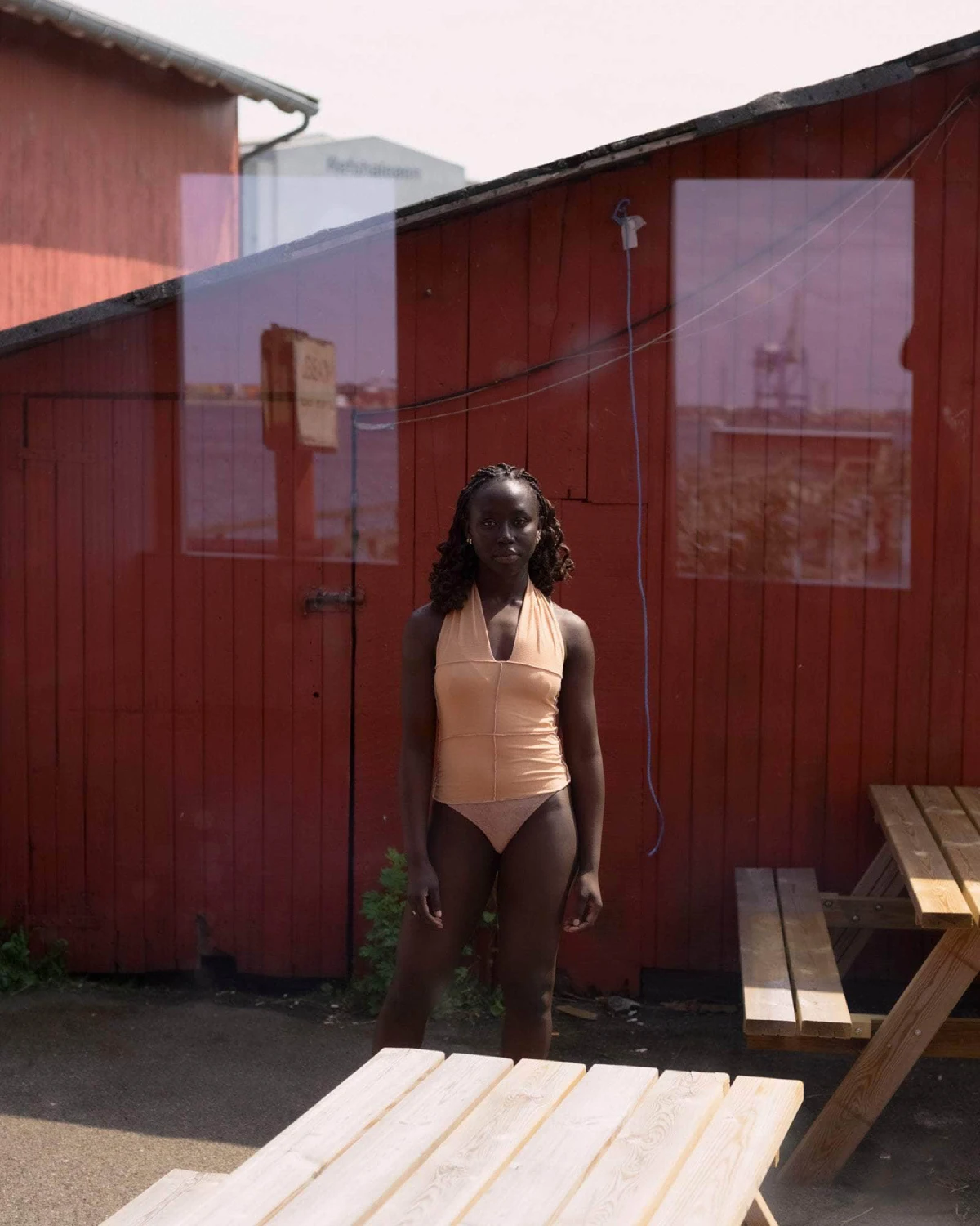 Baserange Cinder Halter Top Aural Purple front view on model