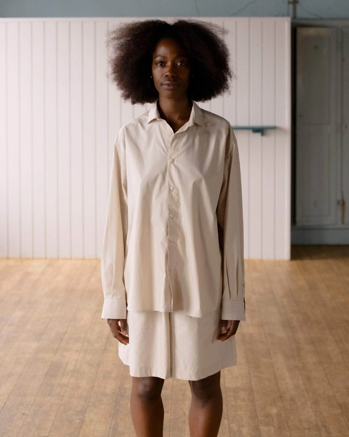 Baserange Claude Shorts Brown Stripe front view on model