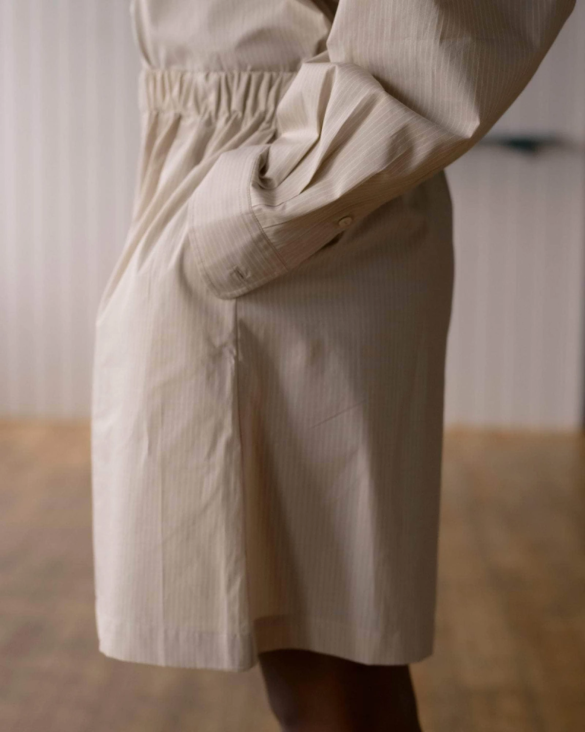 Baserange Claude Shorts Brown Stripe side view on model