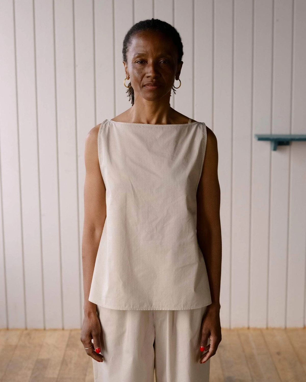 Baserange Decti Top Brown Stripe front view on model