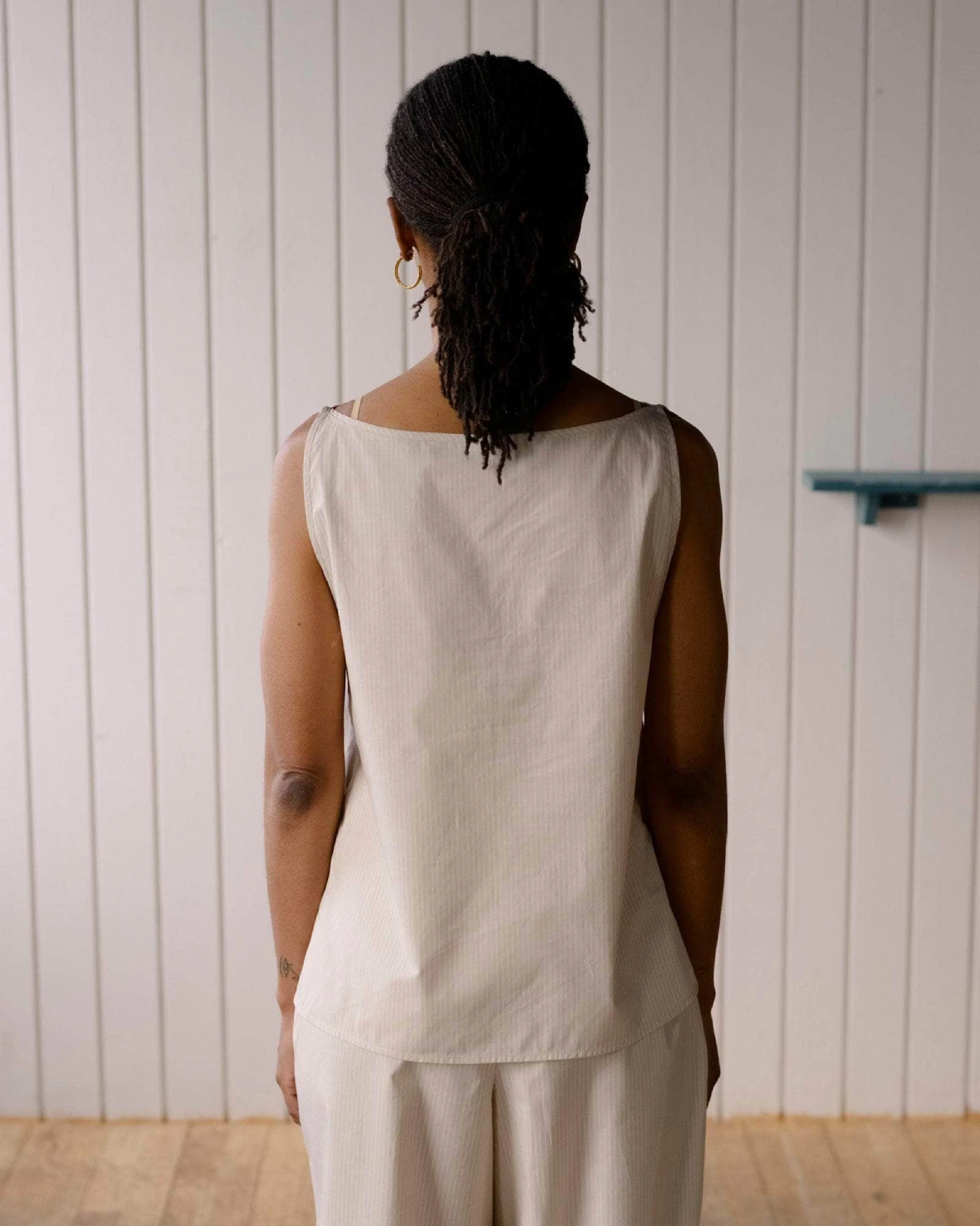 Baserange Decti Top Brown Stripe back view on model