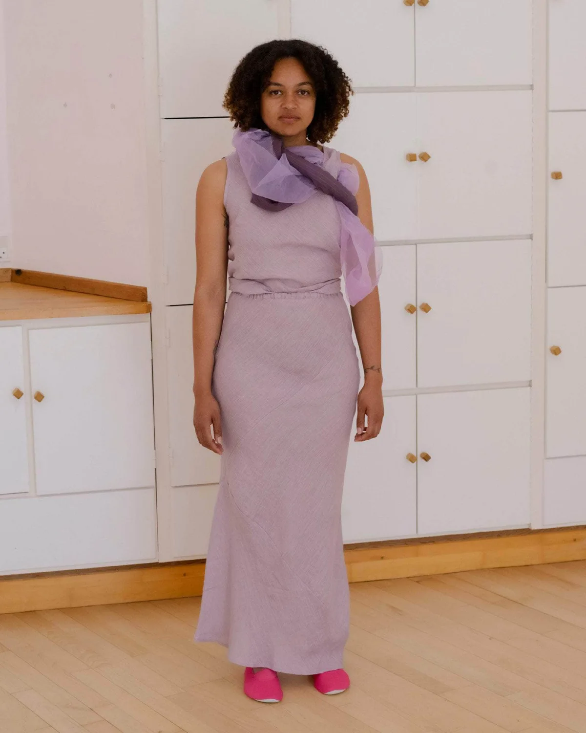 Baserange Larva Skirt Mori Purple front view on model