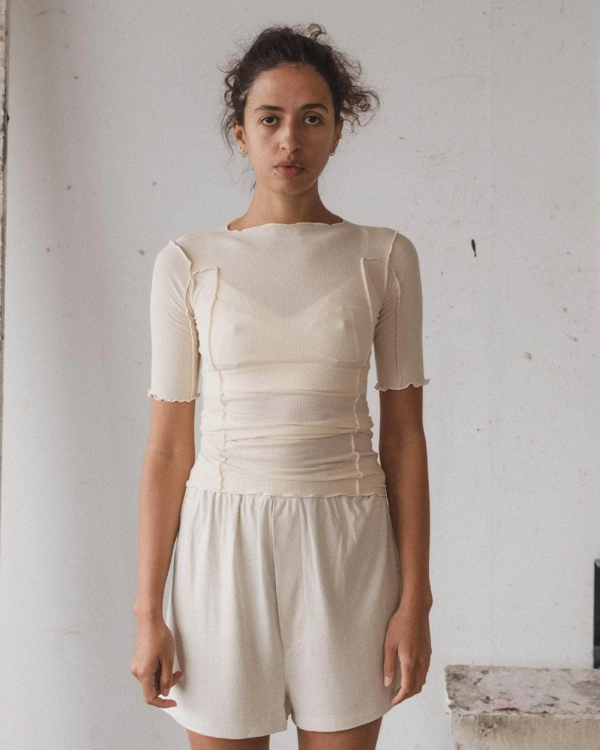 Baserange Omato 3/4 Tee Shirt Off White front view on model