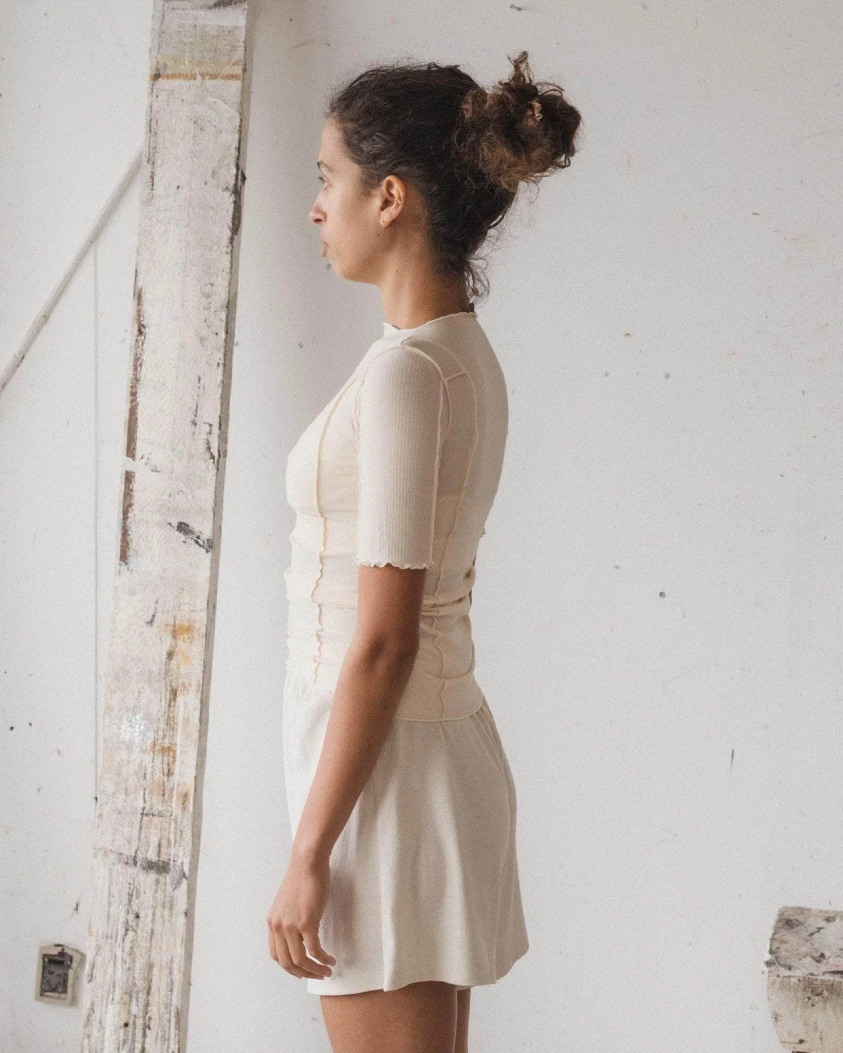 Baserange Omato 3/4 Tee Shirt Off White side view on model