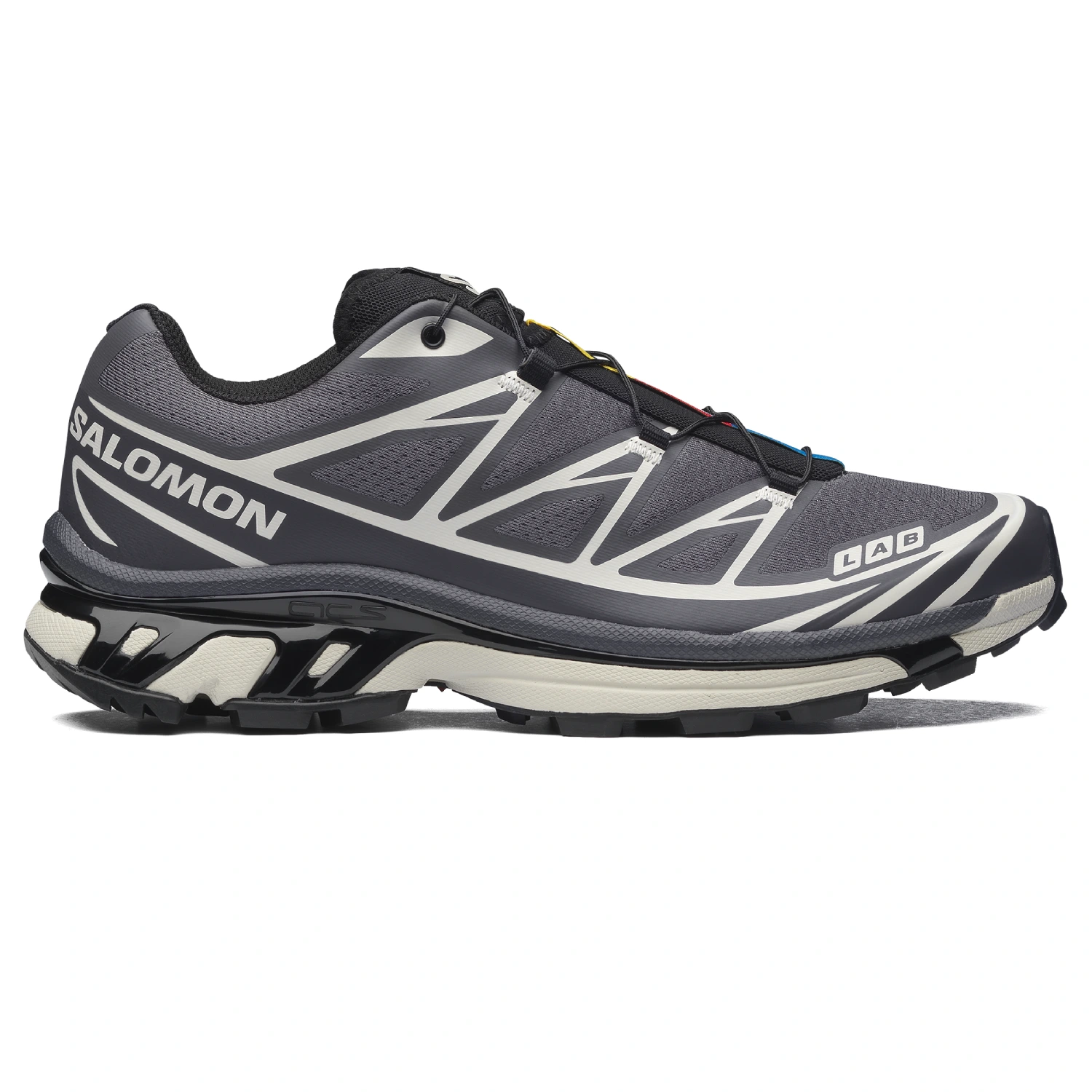 Salomon XT-6 Black/Asphalt/Castlerock side view in a white background