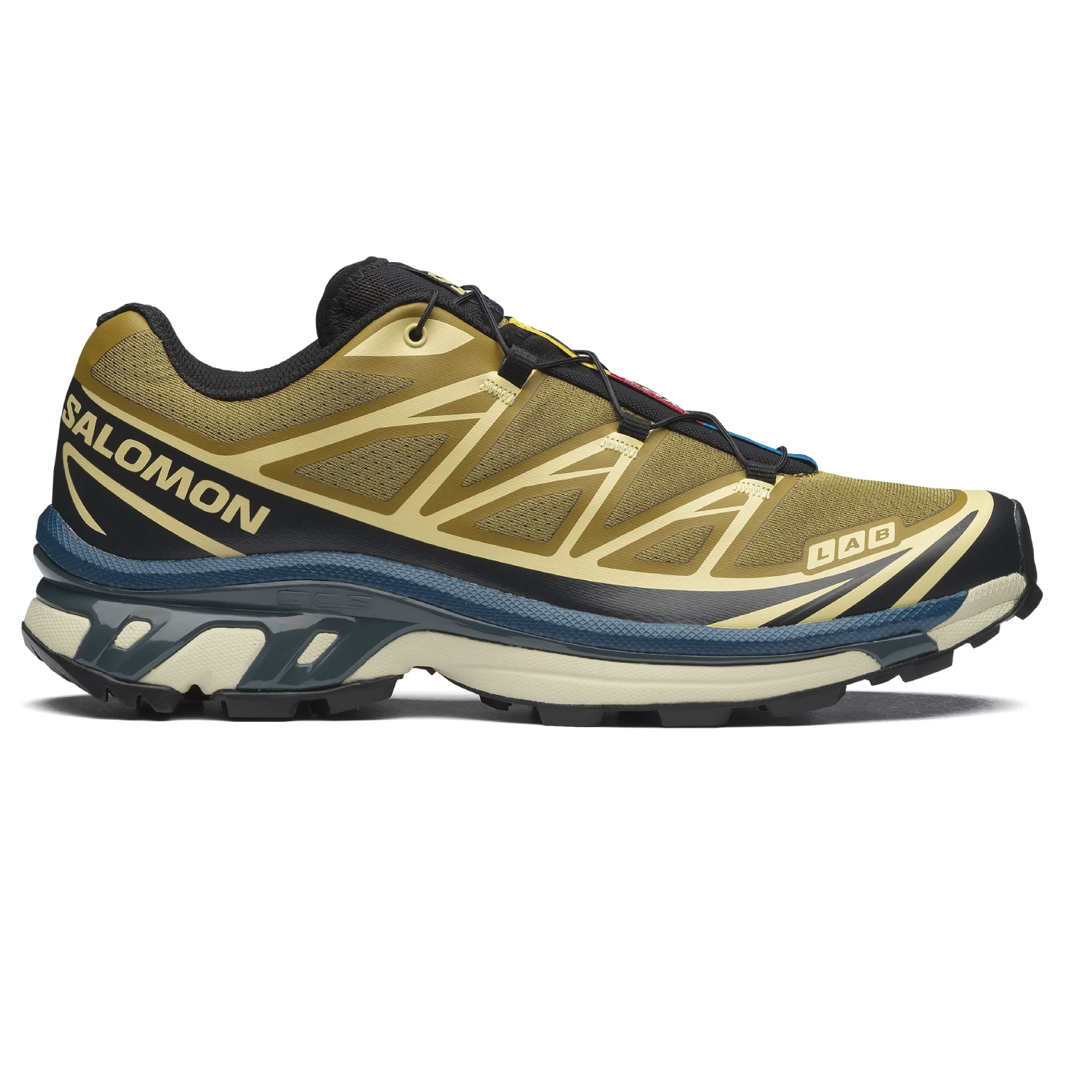 Salomon XT-6 Brilliant Olive/Dark Navy side view in a white background