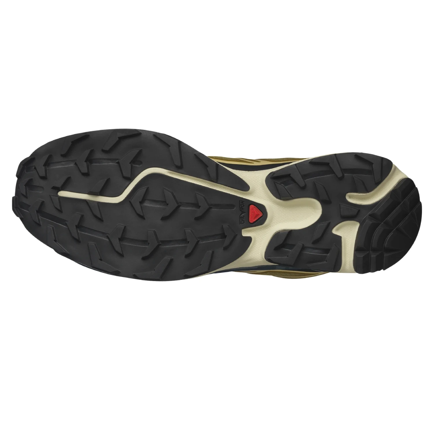 Salomon XT-6 Brilliant Olive/Dark Navy bottom view in a white background