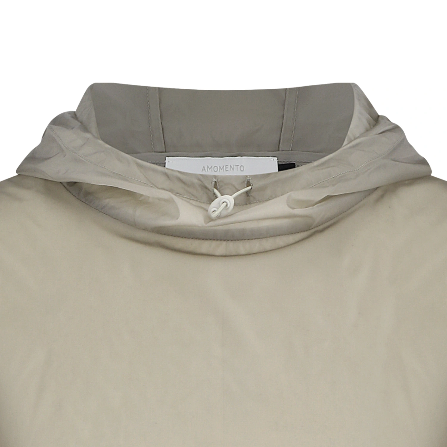 Amomento Sheer Hoodie Anorak Beige front view detail in a white background