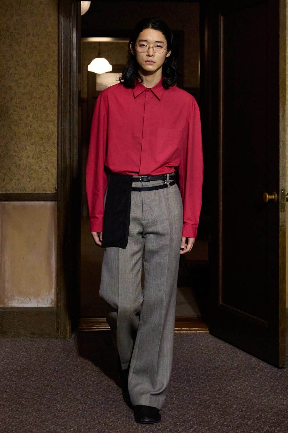 Amomento Square Pocket Oversized Shirt Red on model
