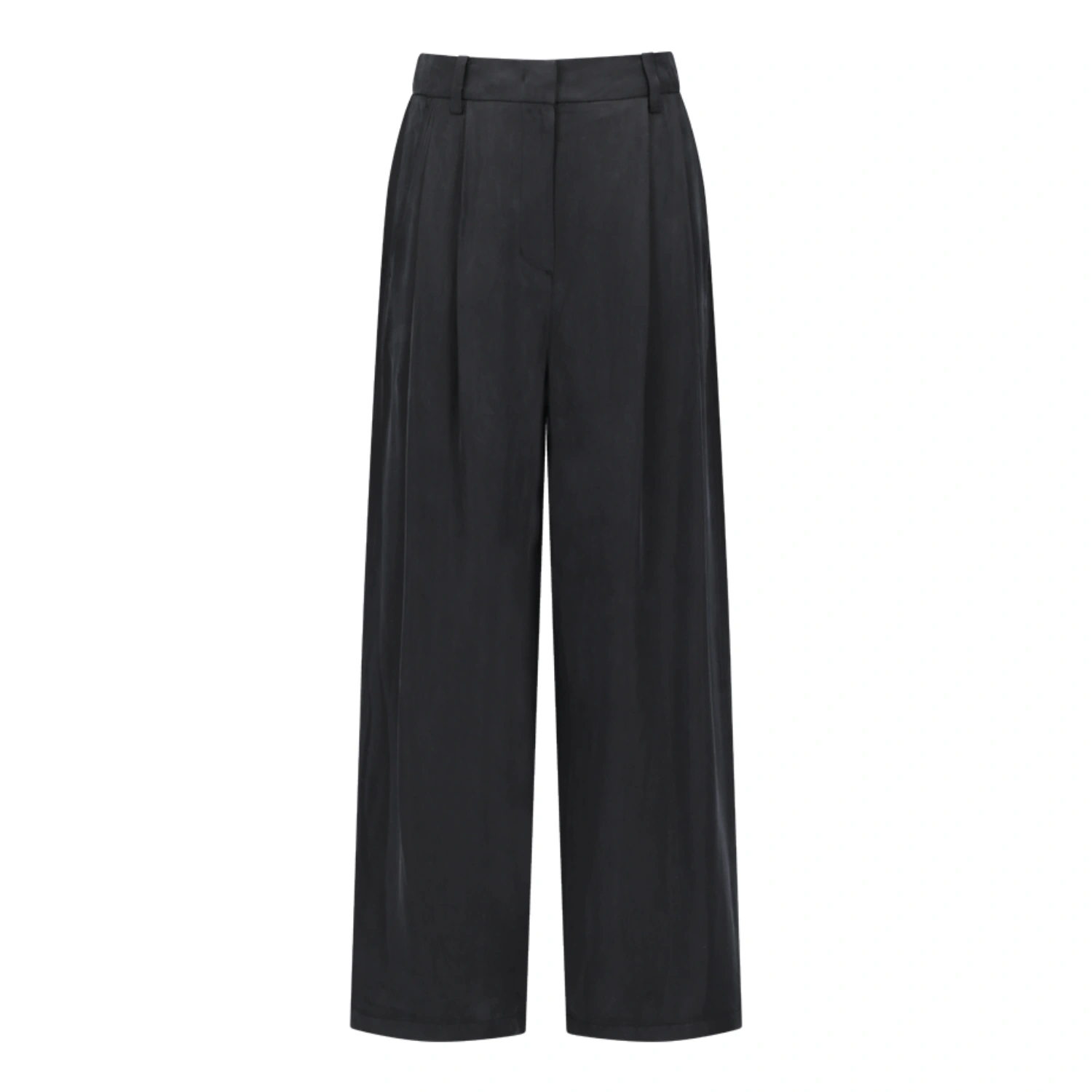 Amomento Women's Cupro Two Tuck Wide Pants Black front view in a white background