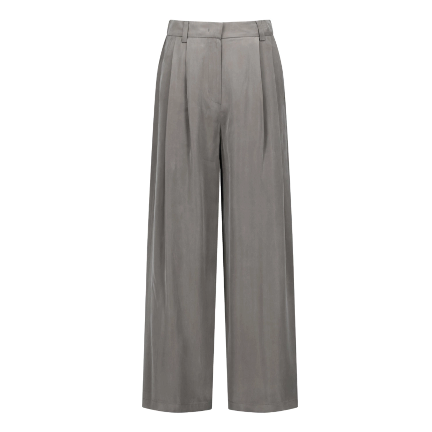 Amomento Women's Cupro Two Tuck Wide Pants Grey front view in a white background