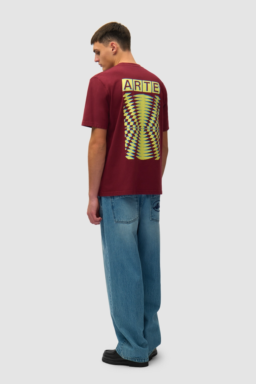 Arte Antwerp Abstract Back Print T-Shirt Bordeaux back view on model