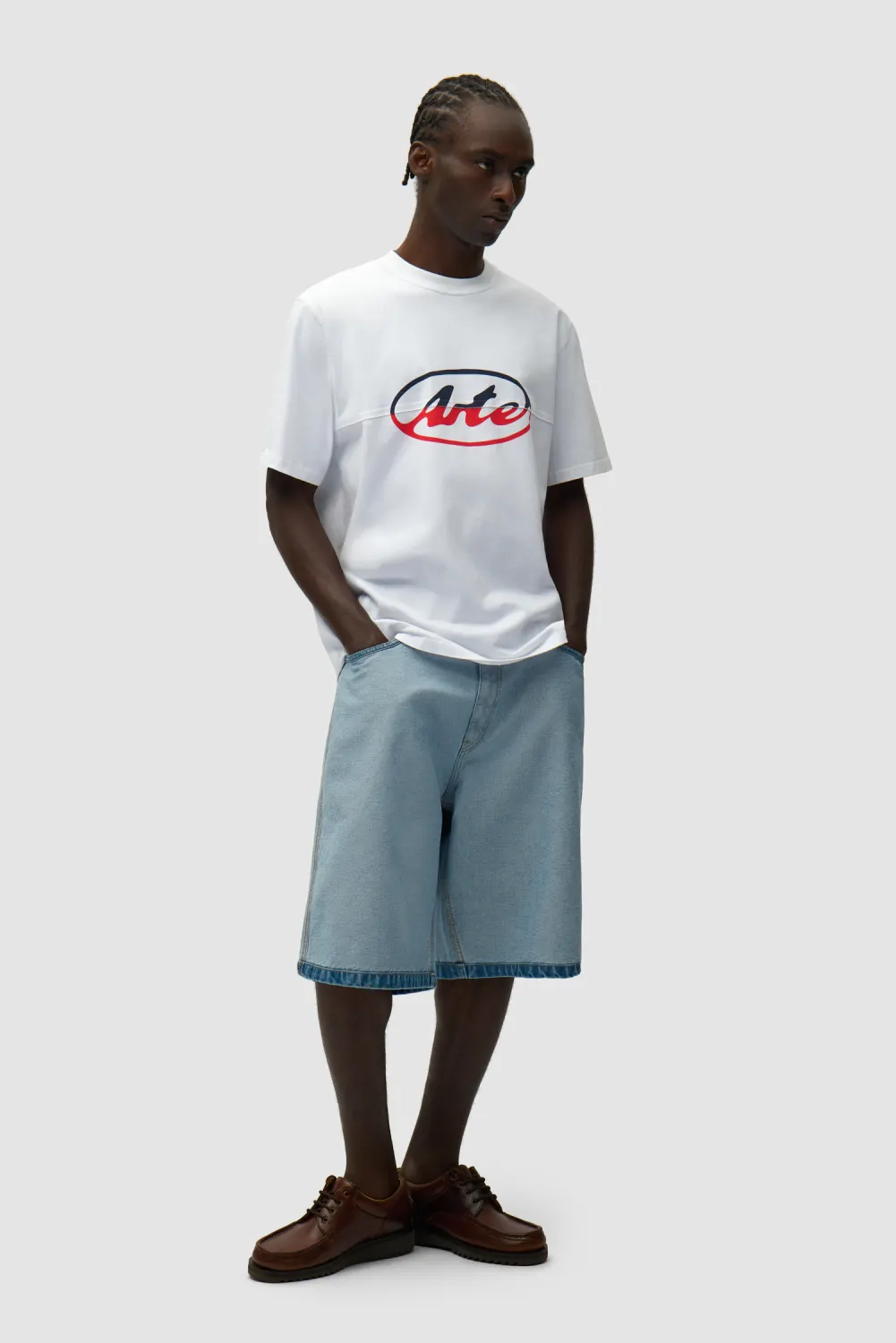 Arte Antwerp Denim Inside/Out Shorts front view on model