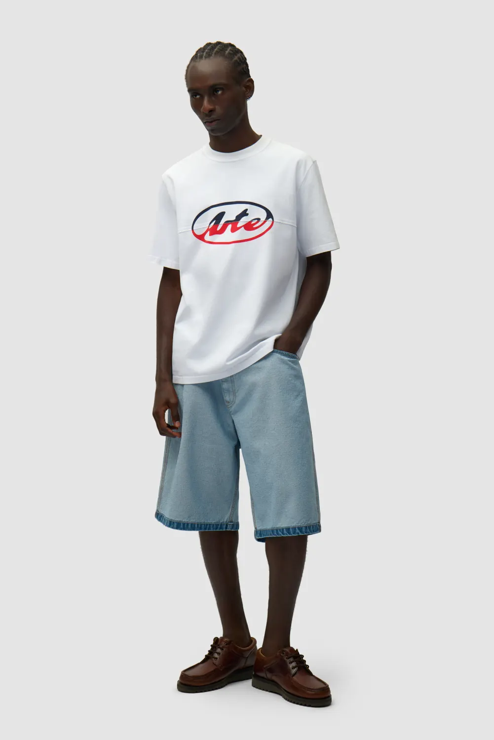 Arte Antwerp Denim Inside/Out Shorts front view on model