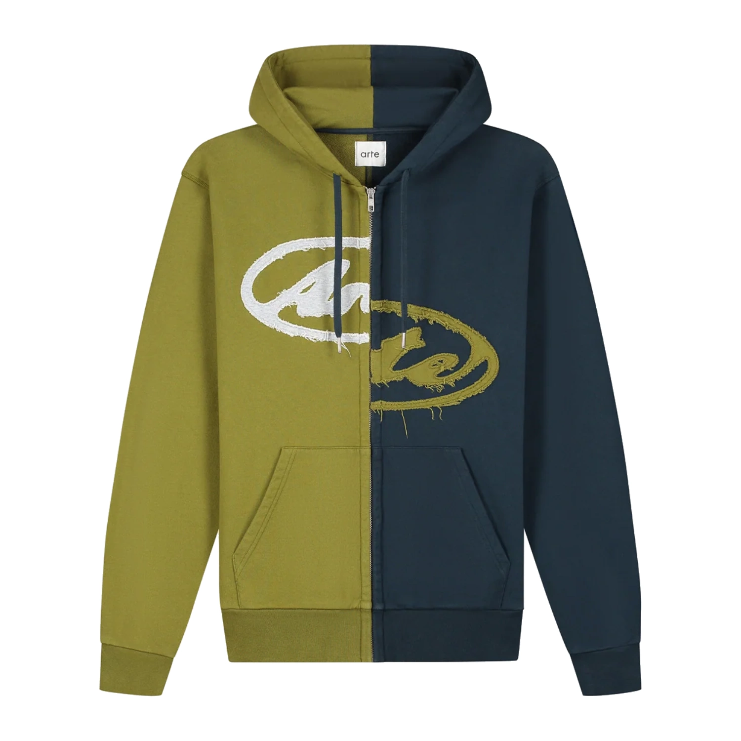 Arte Antwerp Split Patch Zip Hoodie Green/Navy front view in a white background