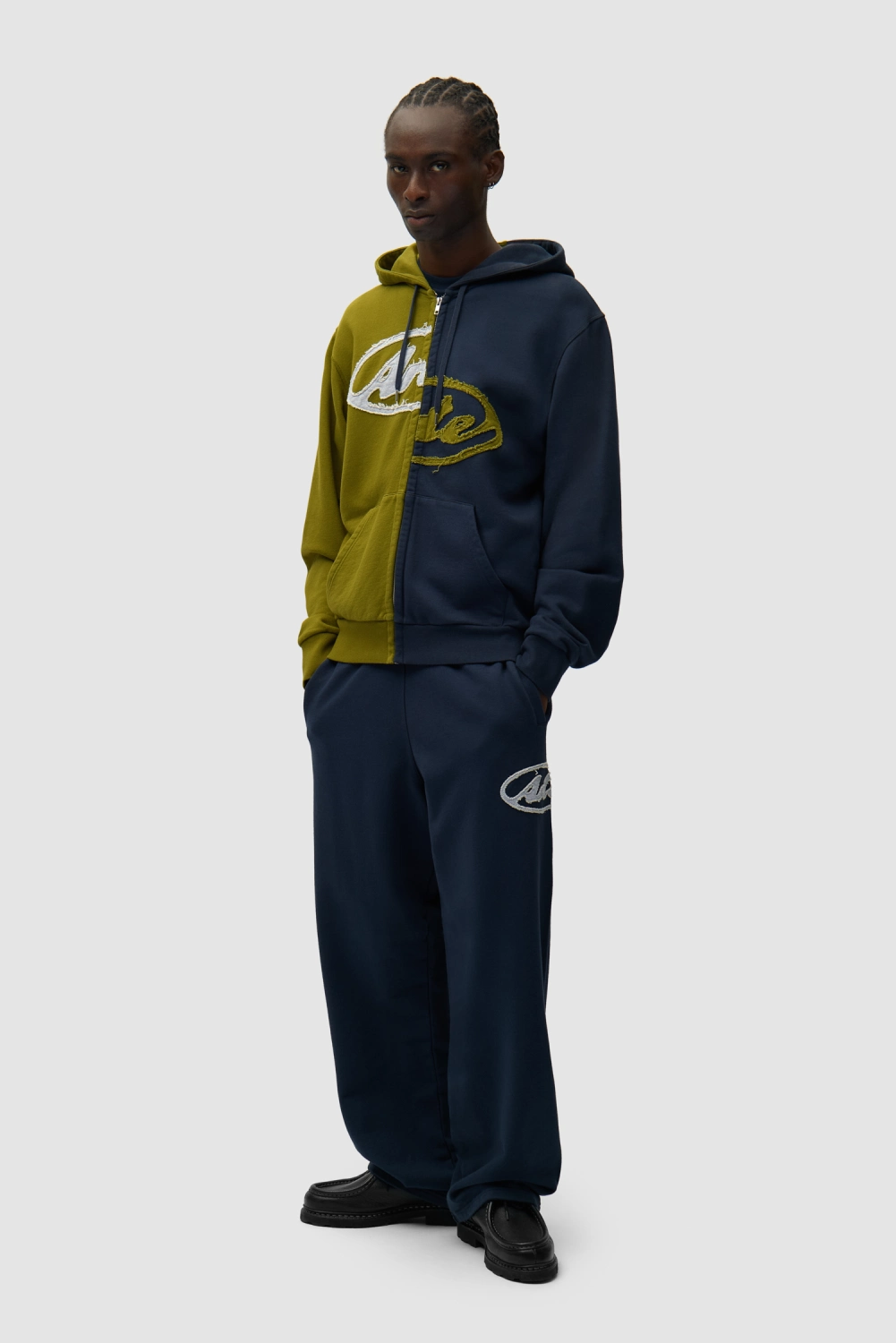 Arte Antwerp Split Patch Zip Hoodie Green/Navy on model