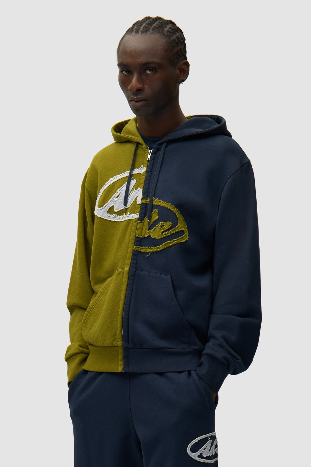 Arte Antwerp Split Patch Zip Hoodie Green/Navy on model