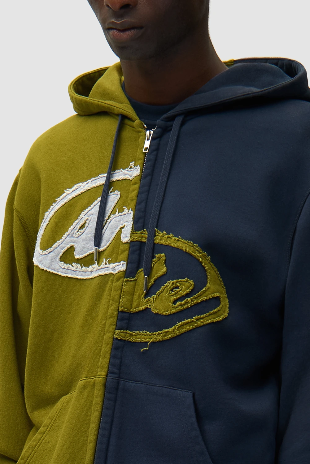 Arte Antwerp Split Patch Zip Hoodie Green/Navy on model